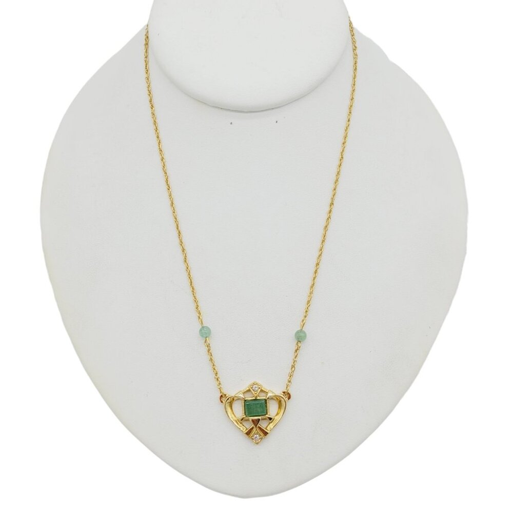 Vintage Avon 1993 Openwork Heart Jade Collar Necklace CZ's Gold Tone 16"